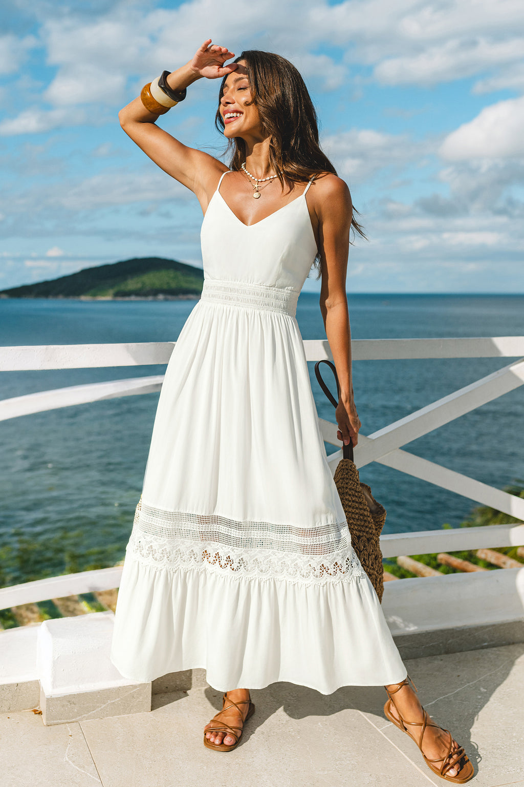 Weißes Ärmelloses V-Ausschnitt Maxi-Strandkleid