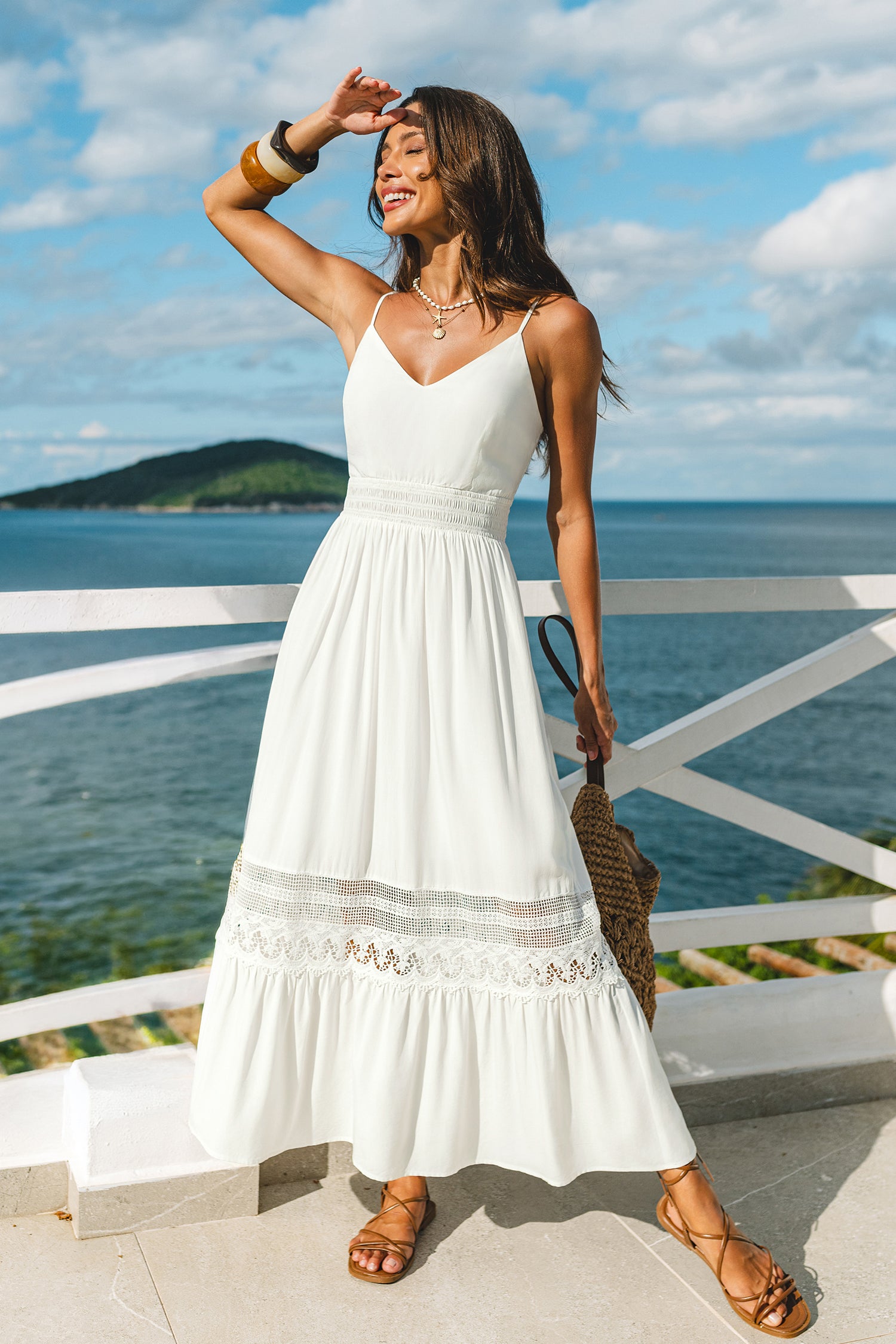 Weißes Ärmelloses V-Ausschnitt Maxi-Strandkleid