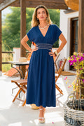 Marineblaues Kurzarm Maxikleid mit V-Ausschnitt