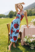 Blaues Elegantes Geblümtes Neckholder-Maxikleid