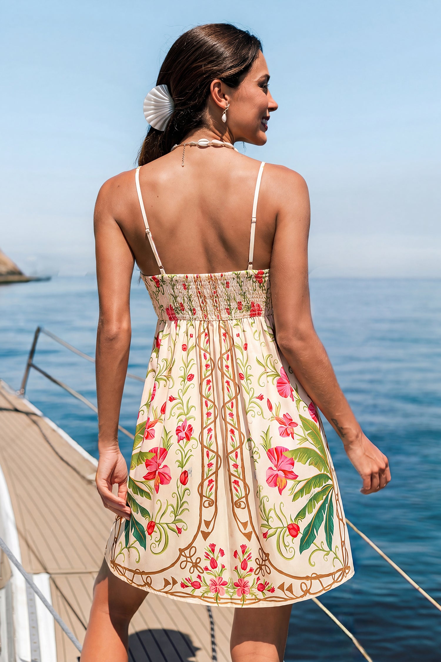 Beige Geblümtes Tiefer Ausschnitt Mini-Strandkleid