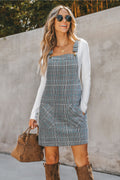 Blaues Kariertes Quadratischer Ausschnitt Mini-Latzkleid