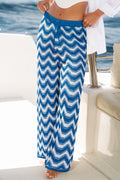 Blau-Weiße Wide-Leg Strick-Sommerhose