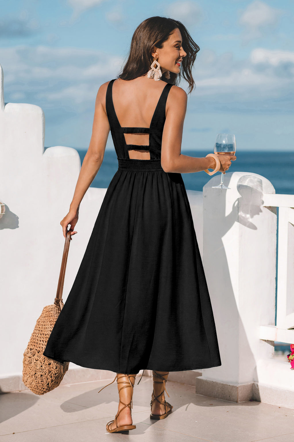 Schwarzes V-Ausschnitt Midi-Strandkleid
