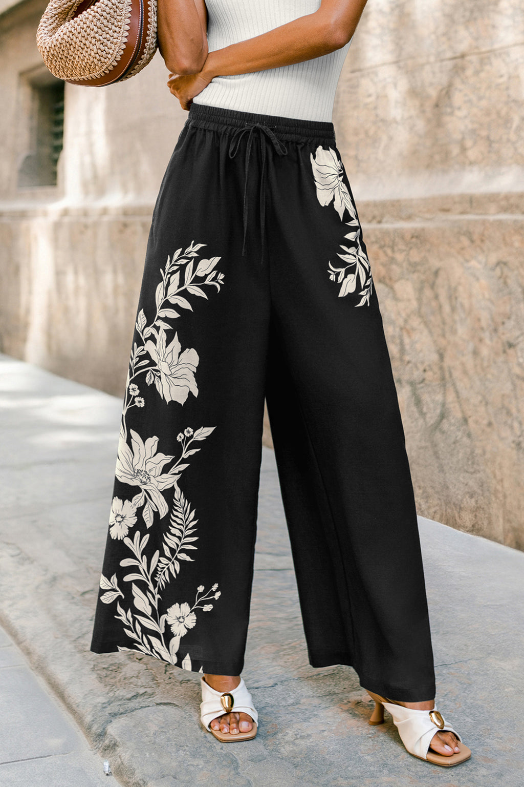 Schwarze Wide-Leg-Sommerhose mit elastischem Bund