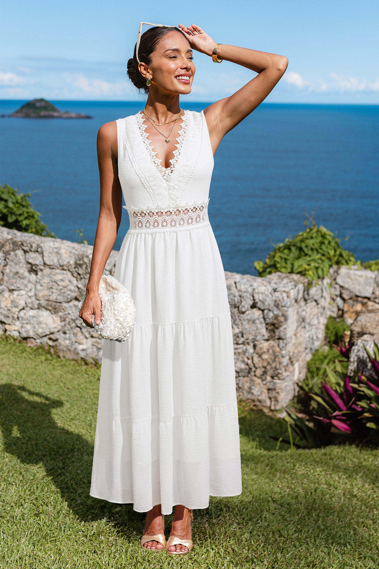 Weißes Elegantes Ärmelloses Maxikleid mit Spitzenbesatz