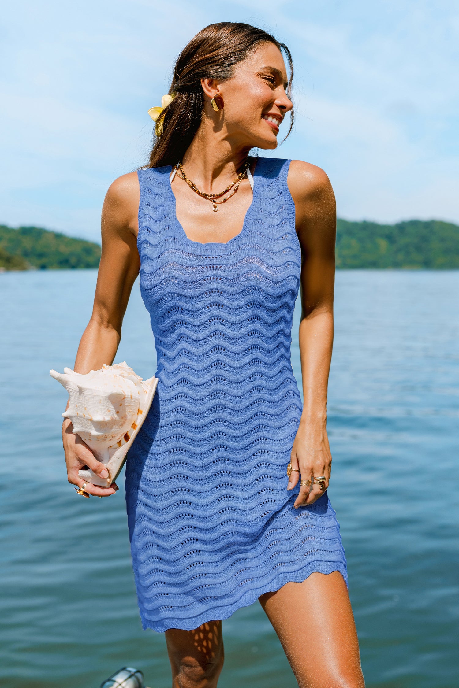 Blaues Ärmelloses Luftiges Mini-Strick-Strandkleid