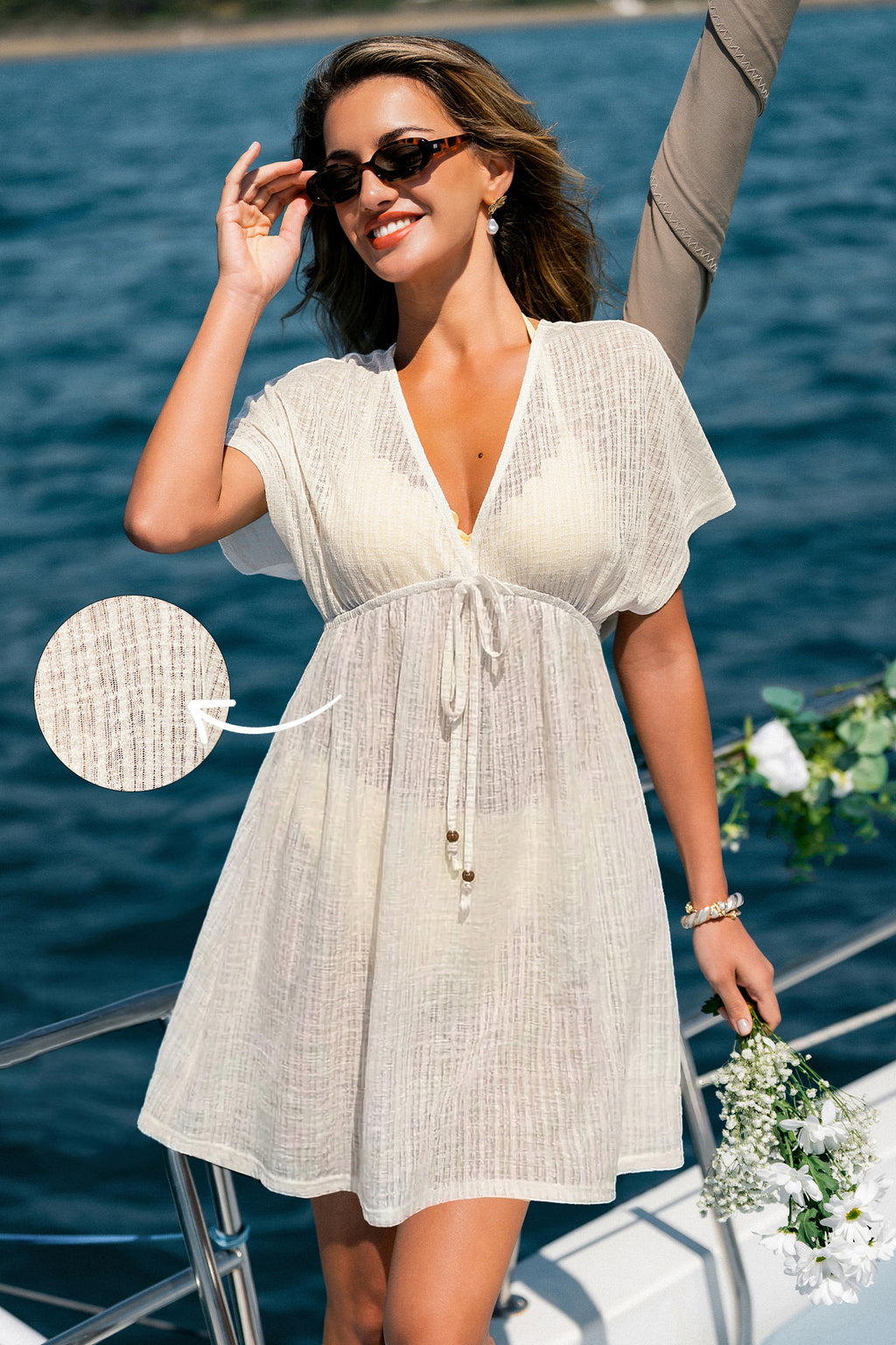 Beiges Kurzarm Tiefer Ausschnitt Mini-Strick-Strandkleid