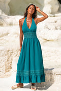 Blaues Maxi-Strandkleid mit tiefem Ausschnitt mit Spitze