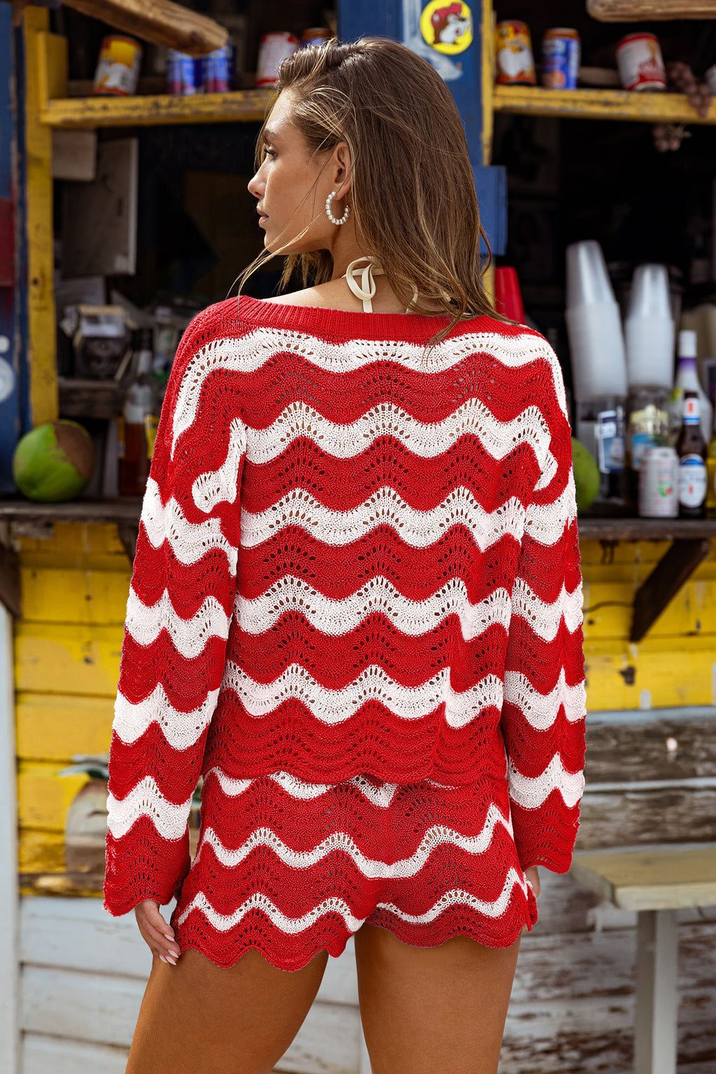 Rot Gestreiftes Langarm Strick-Strand-Top mit Bogensaum
