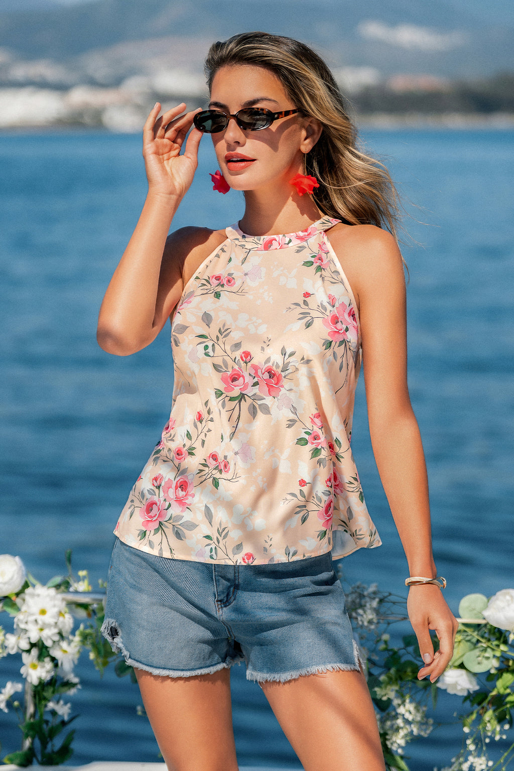 Rosa Geblümtes Ärmelloses Rundhals Top