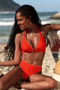 Rotes Mid-Waist Neckholder-Bikini-Set mit tiefem Ausschnitt