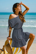 Marineblau Gestreiftes Asymmetrischer Ausschnitt Mini-Strandkleid