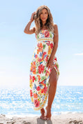 Rotes Geblümtes Ärmelloses Eckiger Ausschnitt Maxi-Strandkleid
