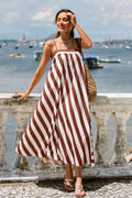 Braun Gestreiftes Maxi-Sommerkleid mit eckigem Ausschnitt