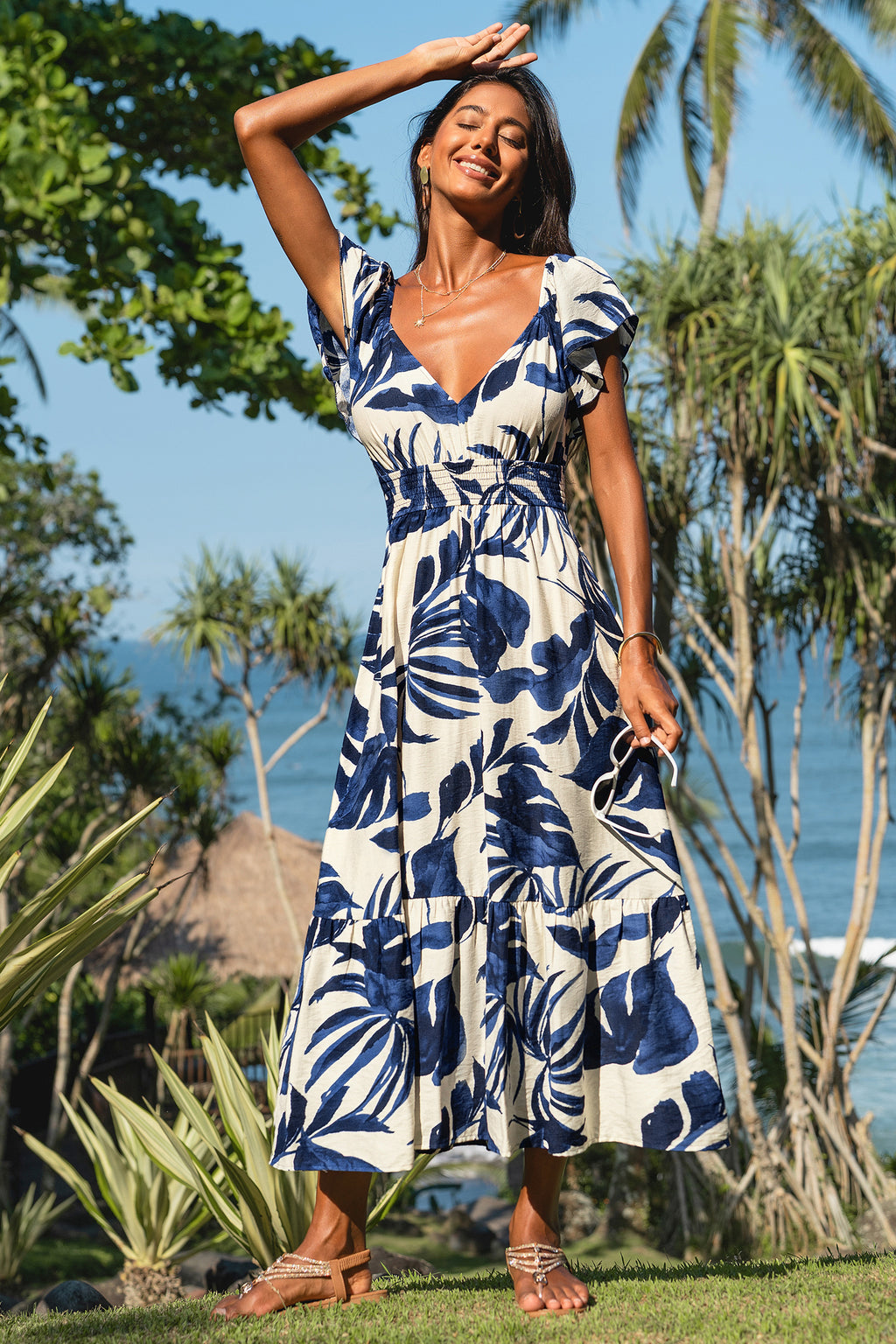 Marineblaues Tropisches Maxi-Strandkleid mit Puffärmeln