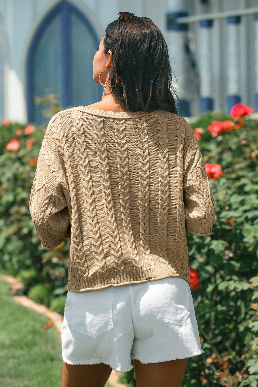 Khaki Halbarm Pullover mit Rundhalsausschnitt
