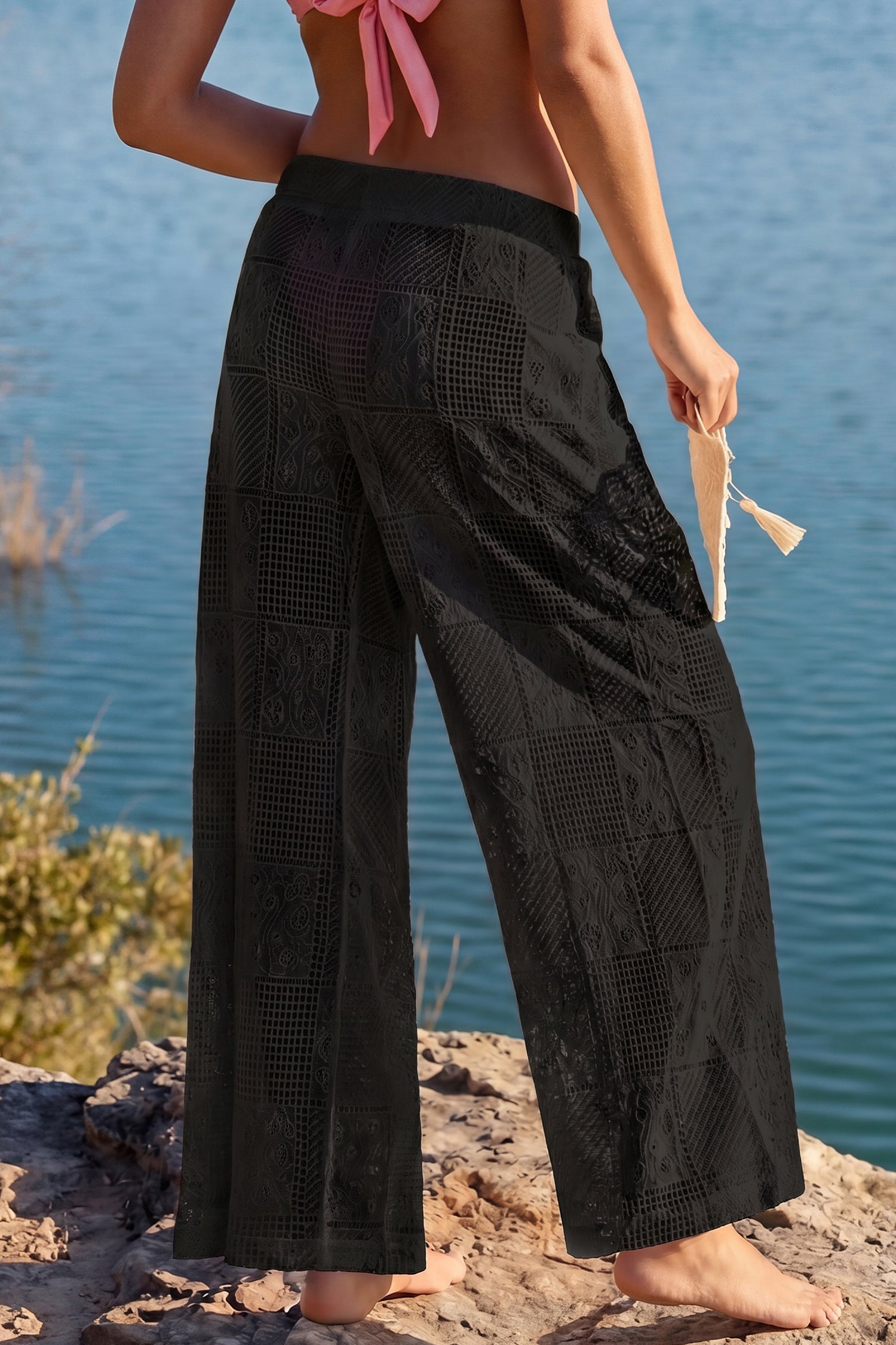 Schwarze Strandhose mit elastischem Bund