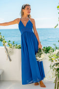 Blaues Tiefer Ausschnitt Maxi-Abendkleid