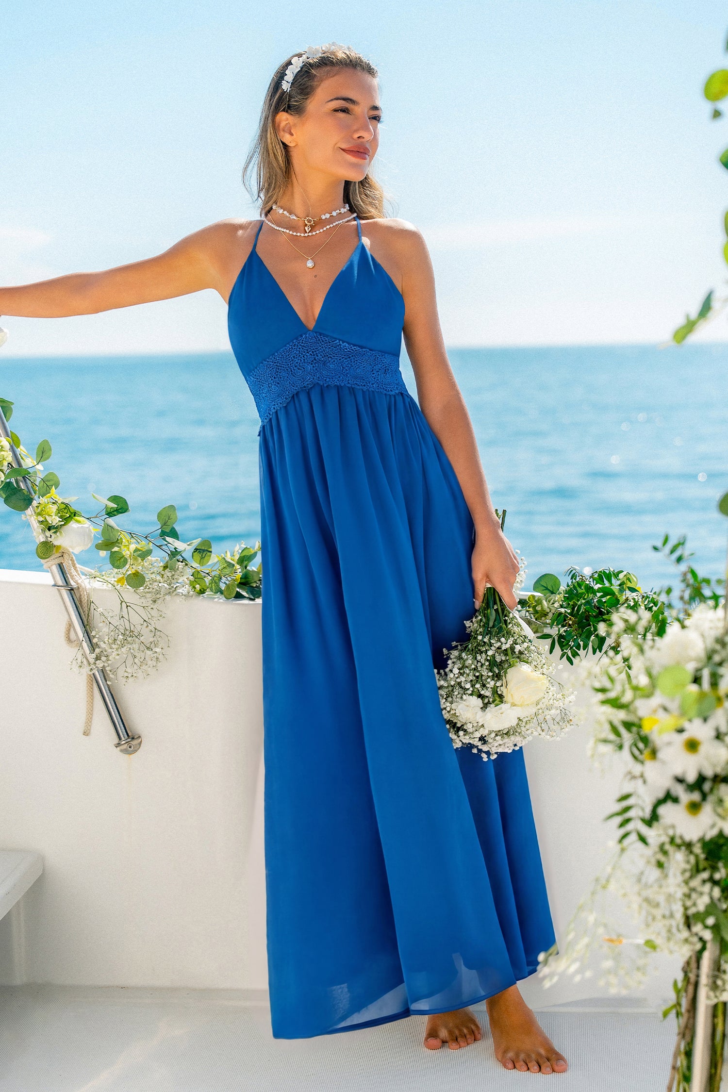 Blaues Tiefer Ausschnitt Maxi-Abendkleid