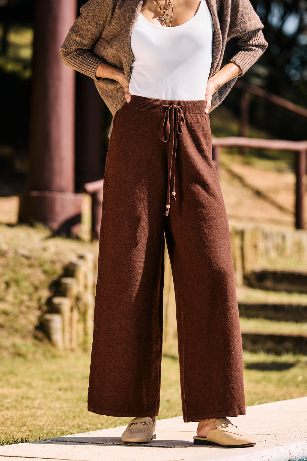 Braune Gerade Strickhose mit Kordelzug