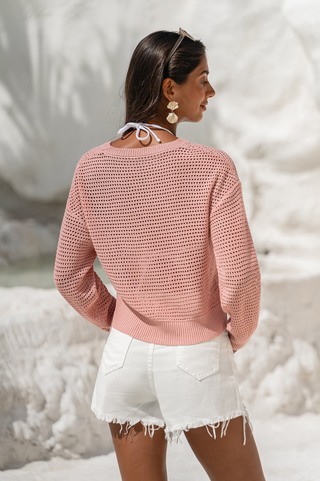 Rosa Langarmpullover mit Karomuster