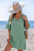 Grünes V-Ausschnitt Kurzarm Strandkleid