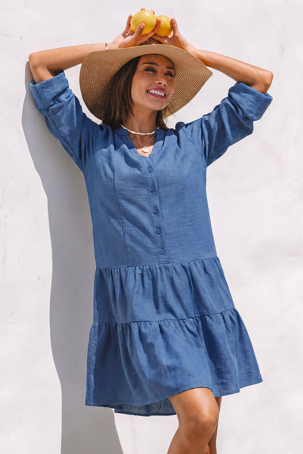 Blaues Halbarm Minikleid