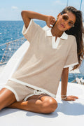 Beige Gestreiftes Lockeres T-Shirt mit Kragen