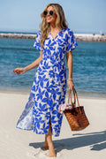 Blau-Weißes Tropisches Kurzarm Maxi-Blusenkleid mit Taillenband