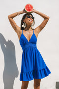 Blaues Ärmelloses Mini-Strandkleid mit tiefem Ausschnitt
