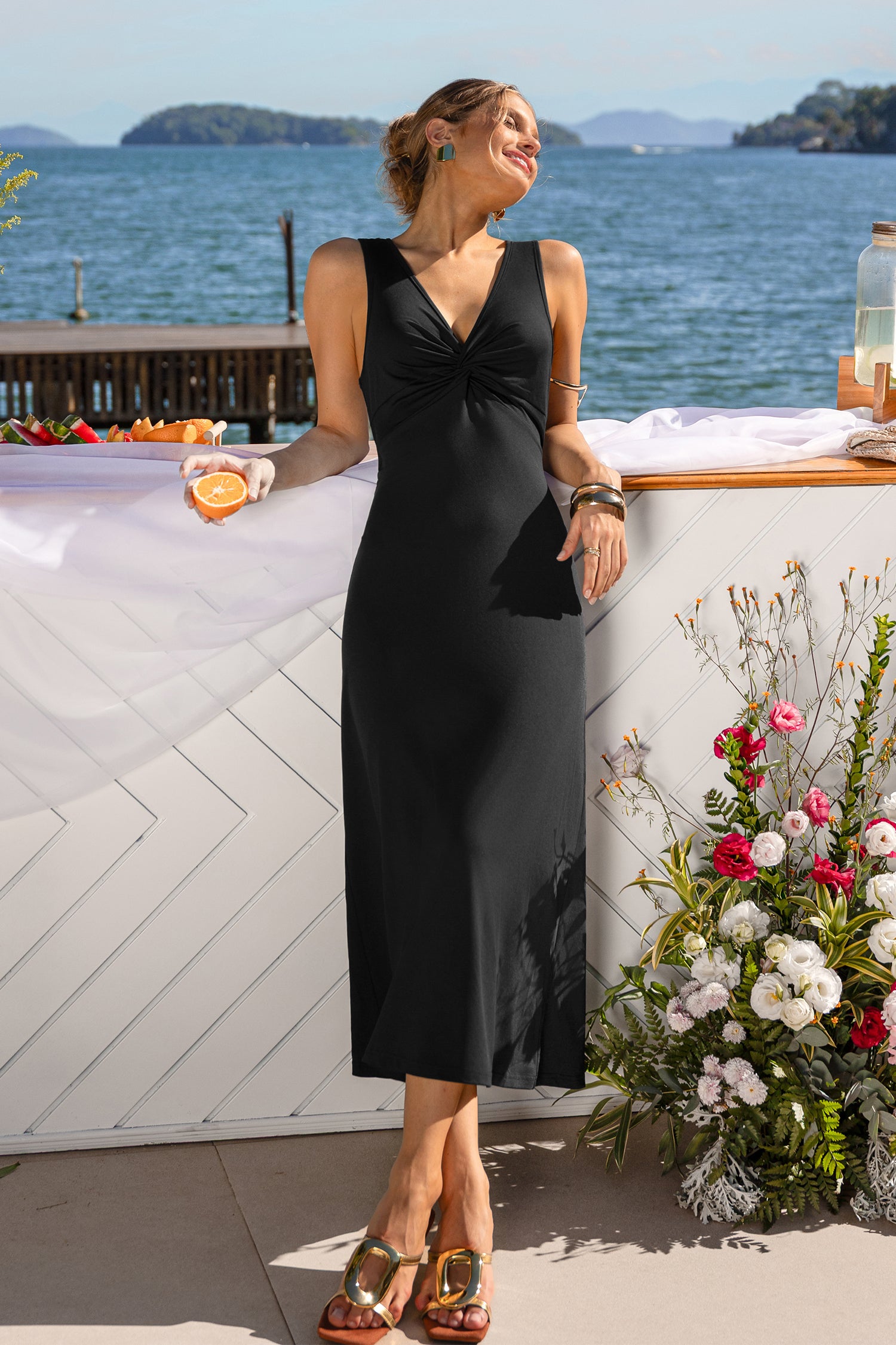Schwarzes Gerafftes Ärmelloses V-Ausschnitt Midi-Abendkleid