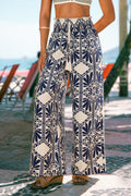 Blau-Weiße Wide-Leg Gesmokter Bund Sommerhose