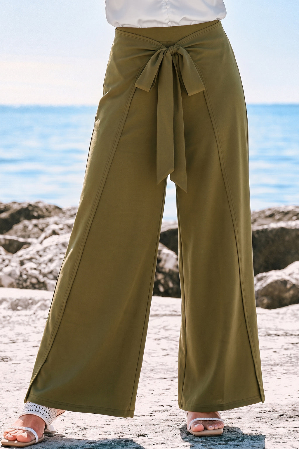 Grüne Wide-Leg-Sommerhose mit elastischem Bund