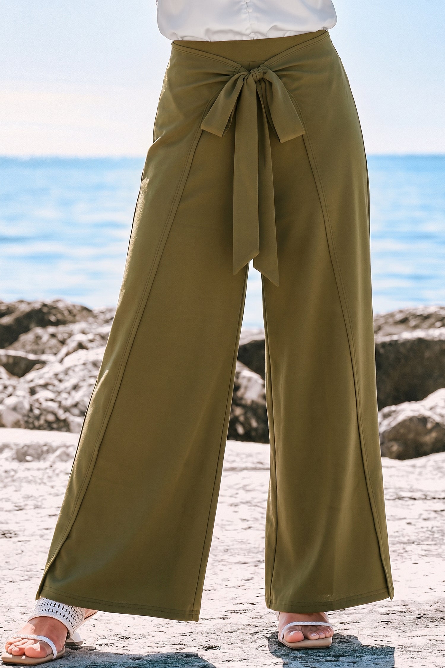Grüne Wide-Leg-Sommerhose mit elastischem Bund