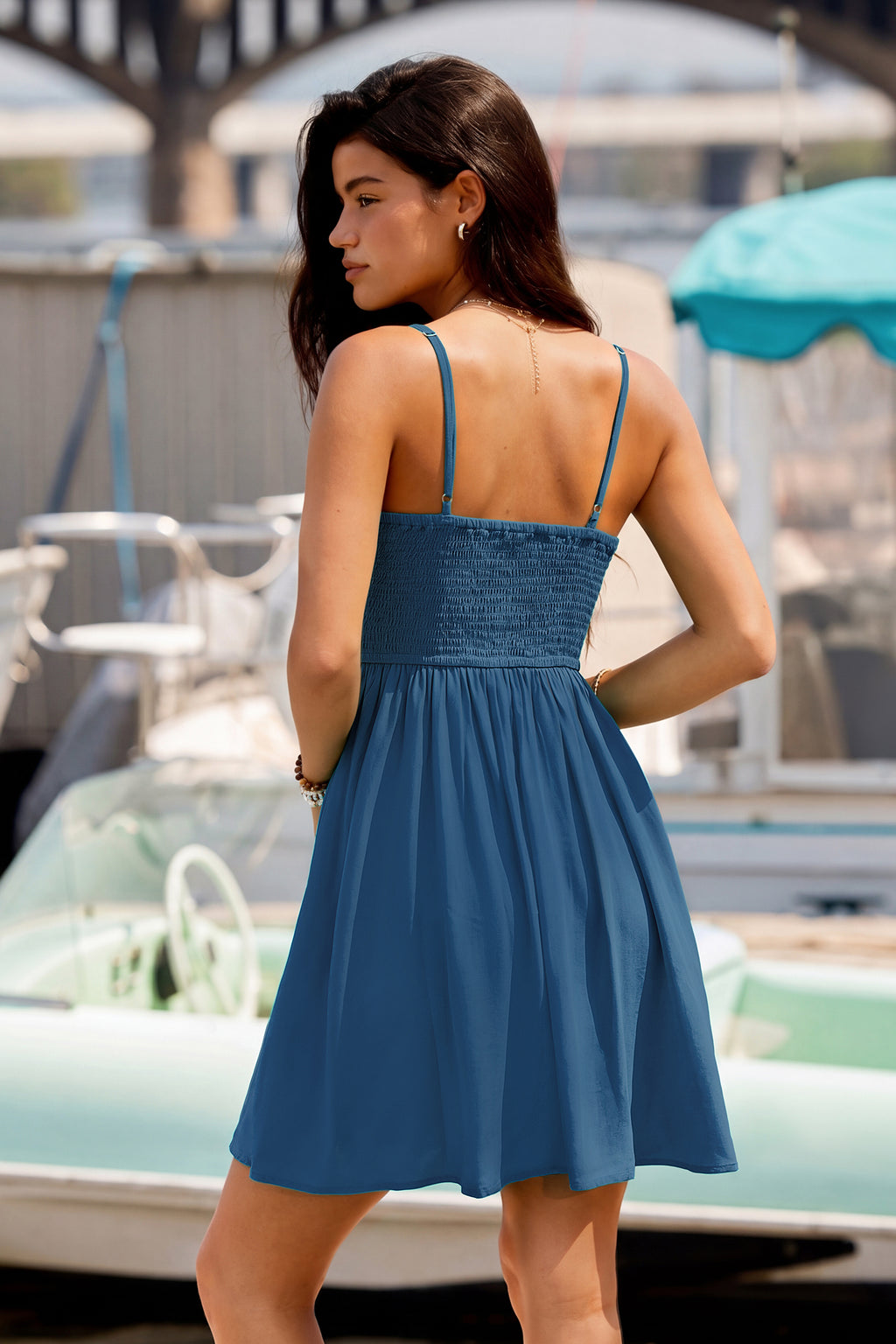 Marineblaues Tiefer Ausschnitt Mini-Strandkleid