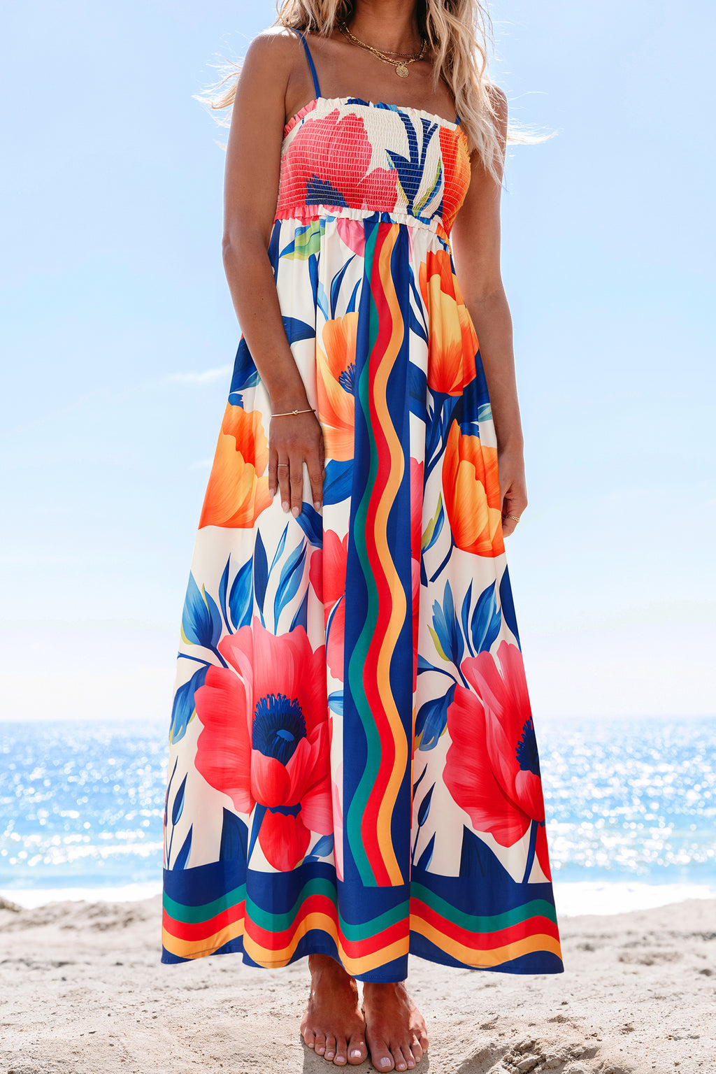 Ärmelloses Eckiger Ausschnitt Maxi-Strandkleid mit Blumenmuster