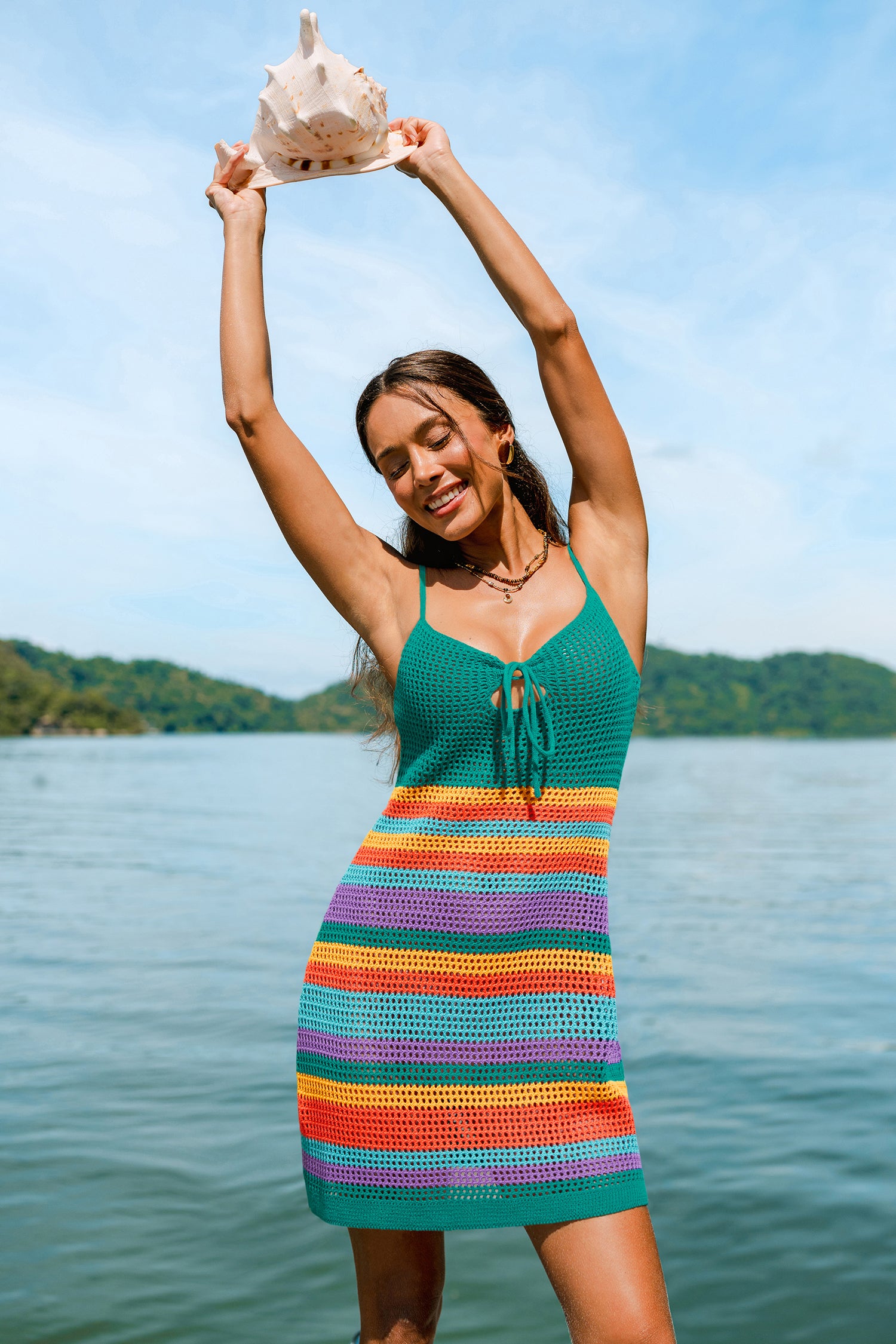 Grün Gestreiftes V-Ausschnitt Mini-Strick-Strandkleid