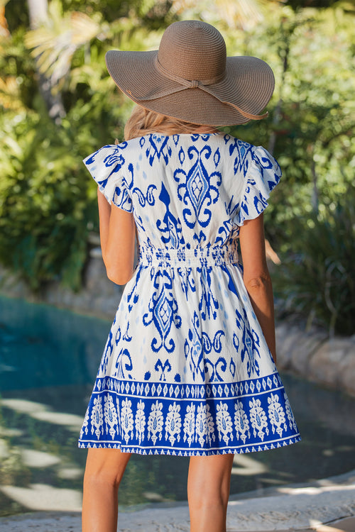 Blau-Weißes Mini-Strandkleid im Ethno-Stil in Wickel-Optik