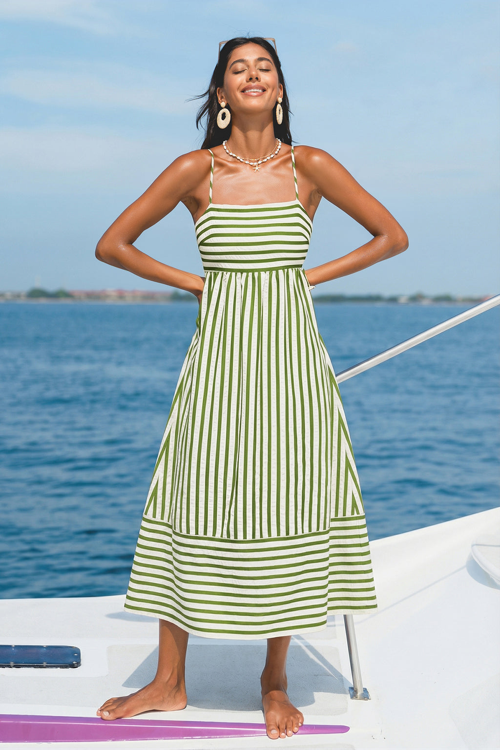 Grün Gestreiftes Quadratischer Ausschnitt Maxi-Strandkleid