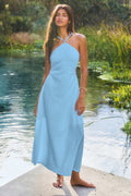Blaues Maxi-Abendkleid mit hohem Ausschnitt
