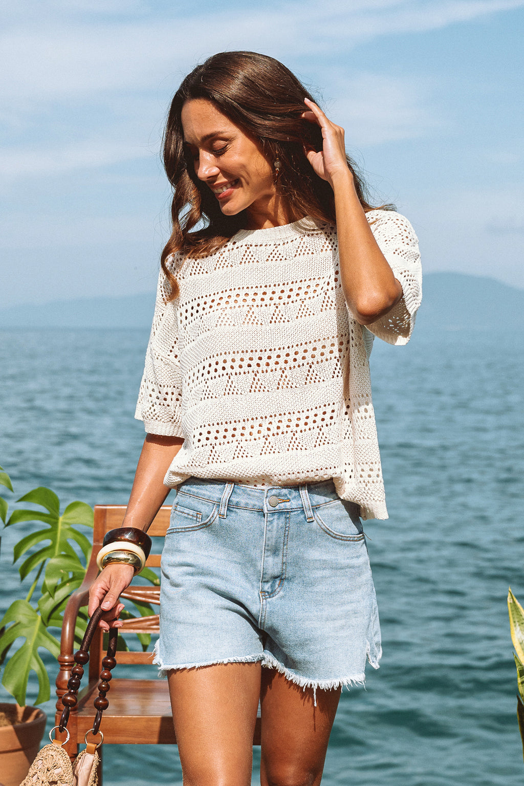 Beiges Kurzarm Stricktop