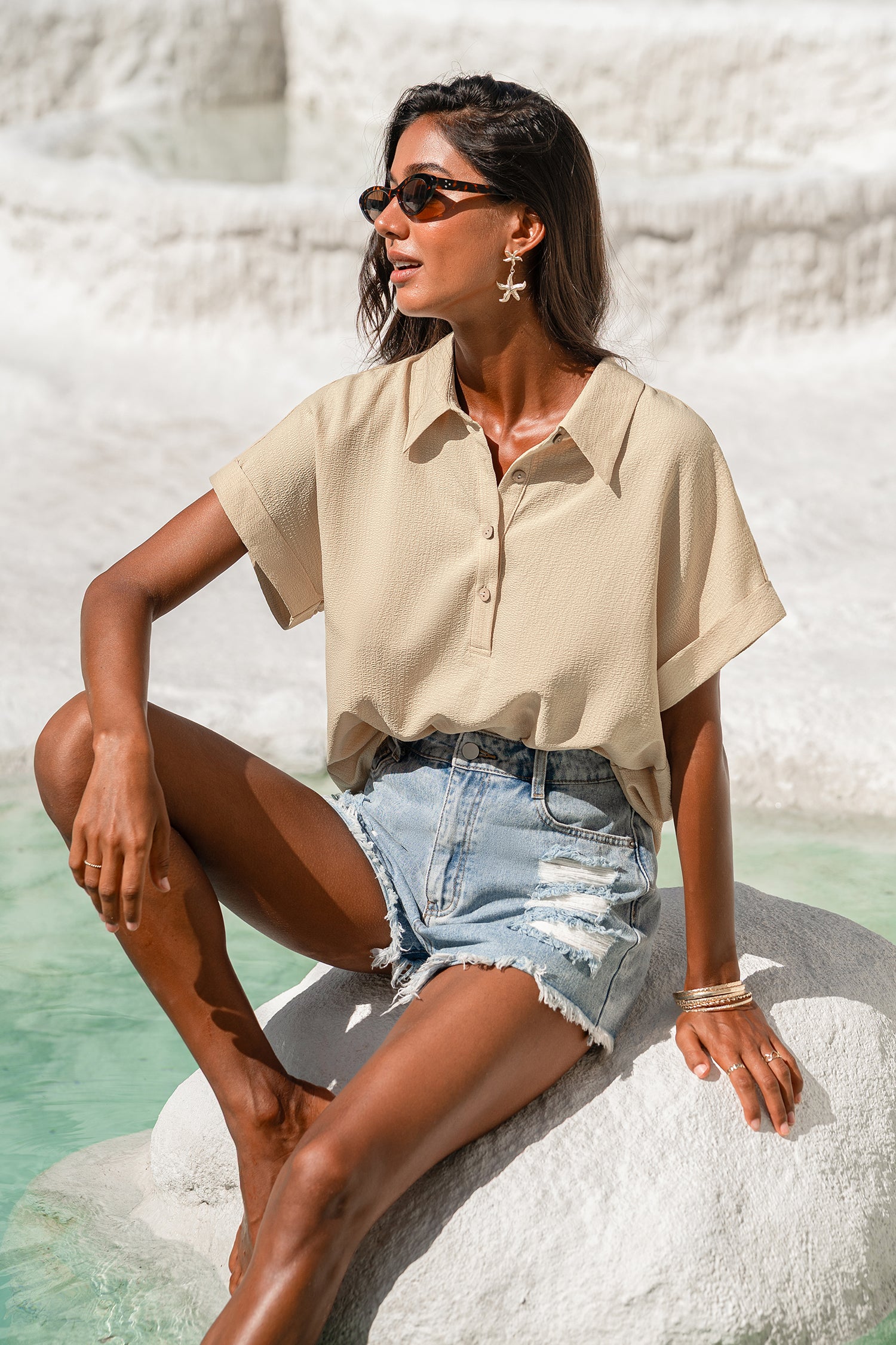Beige Kurzarm Bluse