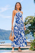 Blau Tropisches Maxi-Strandkleid mit hohem Ausschnitt