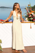 Beiges Maxi-Abendkleid mit tiefem Ausschnitt