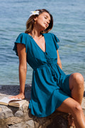 Marineblaues Tiefer Ausschnitt Mini-Strandkleid mit kurzen Ärmeln