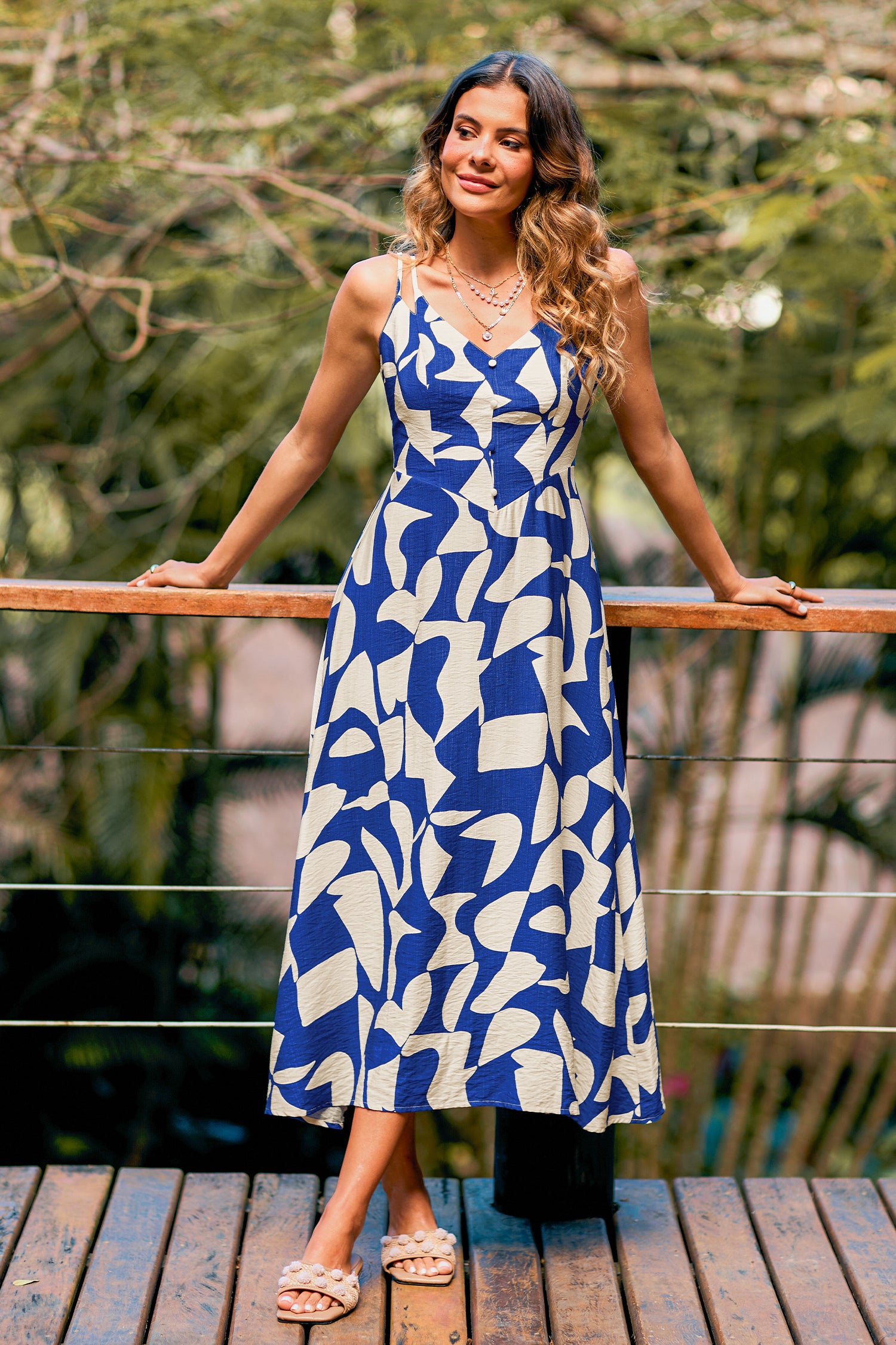 Blau Tropisches Maxi-Strandkleid mit V-Ausschnitt