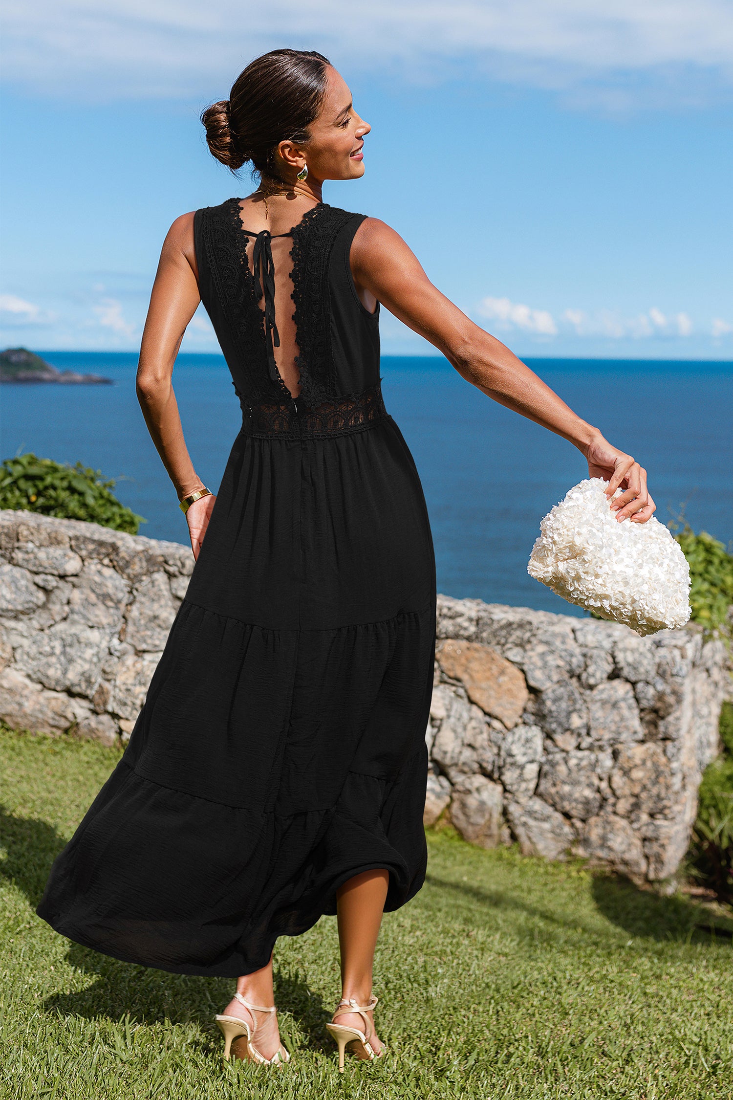 Schwarzes Ärmelloses V-Ausschnitt Maxi-Urlaubs-Sommerkleid
