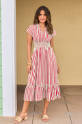 Fuchsia Gestreiftes Gesmokter Bund Midi-Sommerkleid